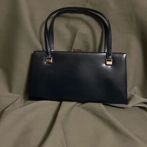 Vintage Dark Navy Blue, Made in France Leather Handbag with double straps